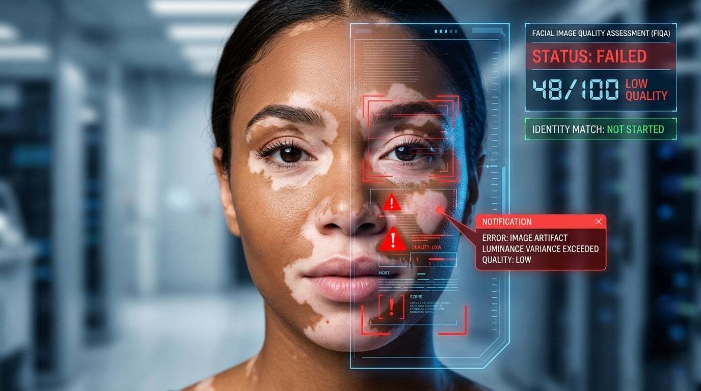 AI facial recognition screen showing a 'failed' status for a person with vitiligo due to low image quality assessment.